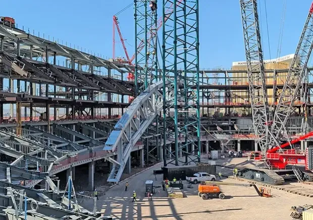 The Athletics’ future Las Vegas ballpark is taking shape with the installation of its first 200-ton roof truss segment, marking a major milestone in construction.