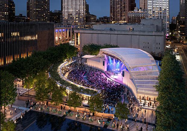 Lincoln Center Damrosch Park Revitalization in New York. Aerial view of amphitheater and audience area during performance, looking east.