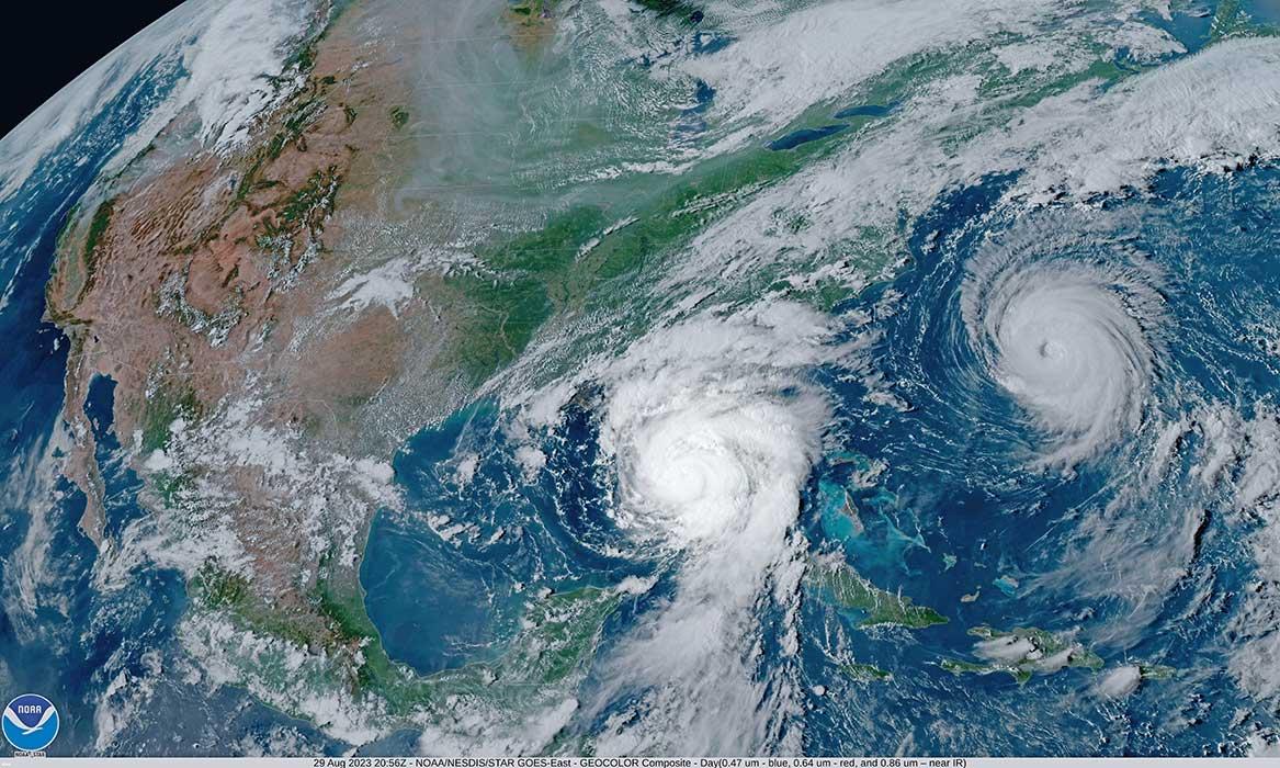 NOAA's GOES-16 satellite captured Hurricane Idalia approaching the western coast of Florida while Hurricane Franklin churned in the Atlantic Ocean at 5:01 p.m. EDT on August 29, 2023.