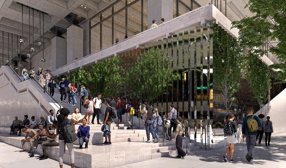 Stavros Niarchos Foundation (SNF) Lincoln Center West Initiative in New York. View of SE corner Amsterdam Avenue and 65th Street looking at New York Public Library for the Performing Arts with seating area and mirror façade.