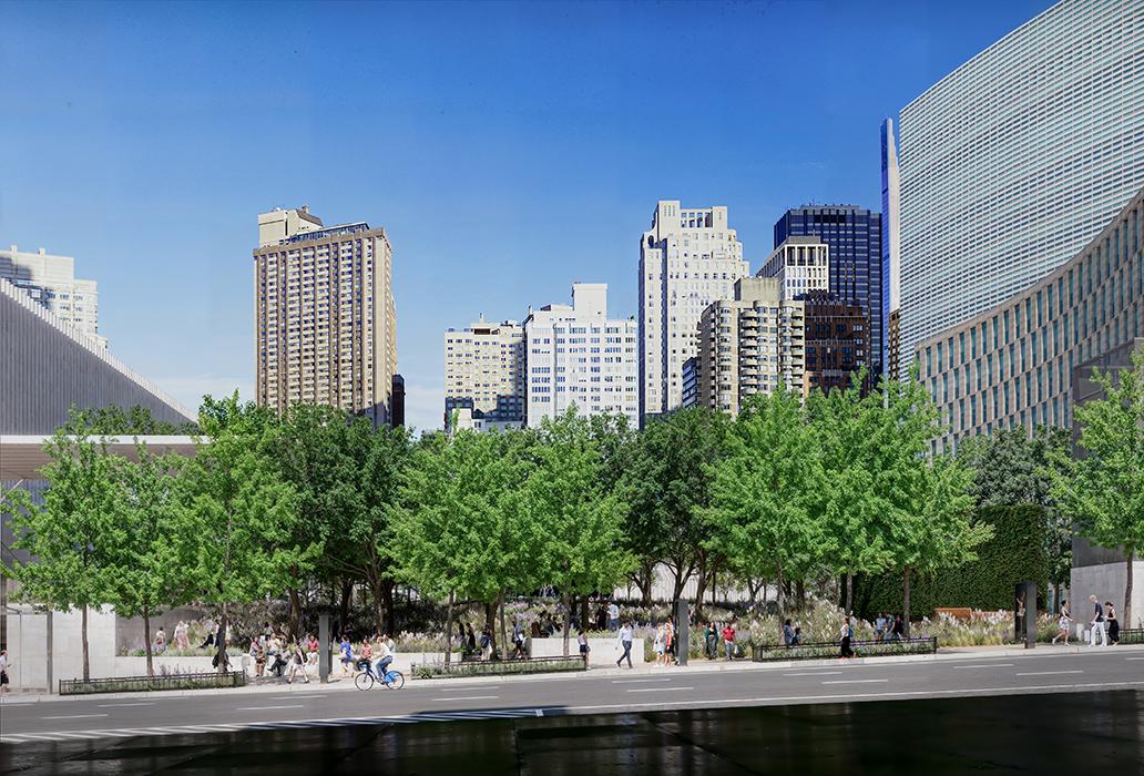 Stavros Niarchos Foundation (SNF) Lincoln Center West Initiative in New York. View from Amsterdam Avenue looking into Damrosch Park; visible is new streetscape.
