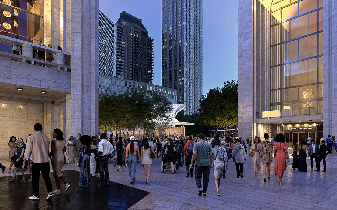 Stavros Niarchos Foundation (SNF) Lincoln Center West Initiative in New York. View from Josie Robertson Plaza looking towards Damrosch Park; visible are amphitheater and landscape.