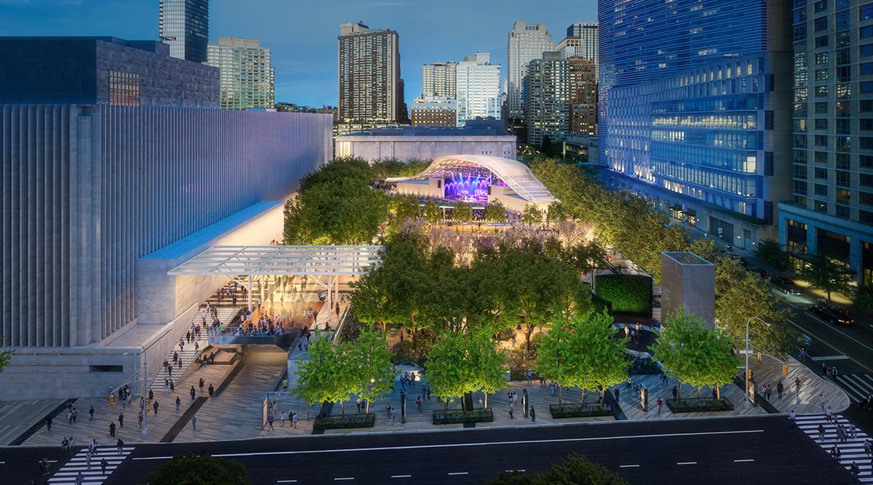 Stavros Niarchos Foundation (SNF) Lincoln Center West Initiative in New York. Aerial view from Amsterdam Avenue looking east; visible are new streetscape, gardens, and theater.