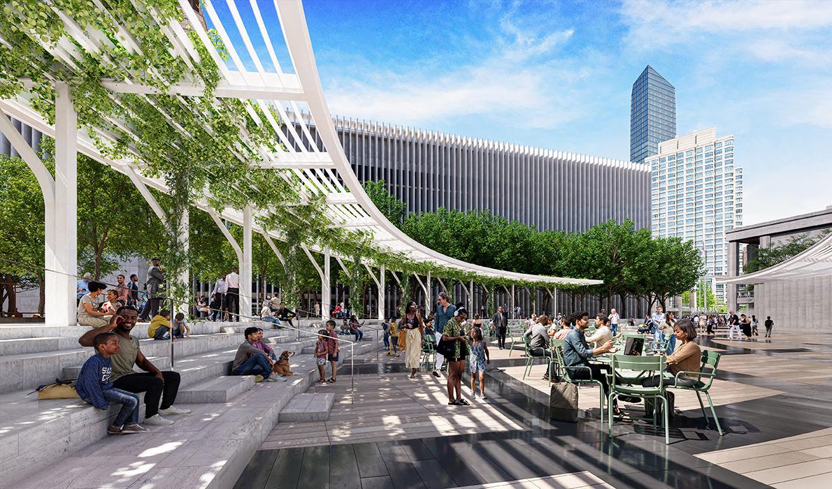 Stavros Niarchos Foundation (SNF) Lincoln Center West Initiative in New York. View of plaza area in front of amphitheater, looking northeast towards Josie Robertson Plaza.