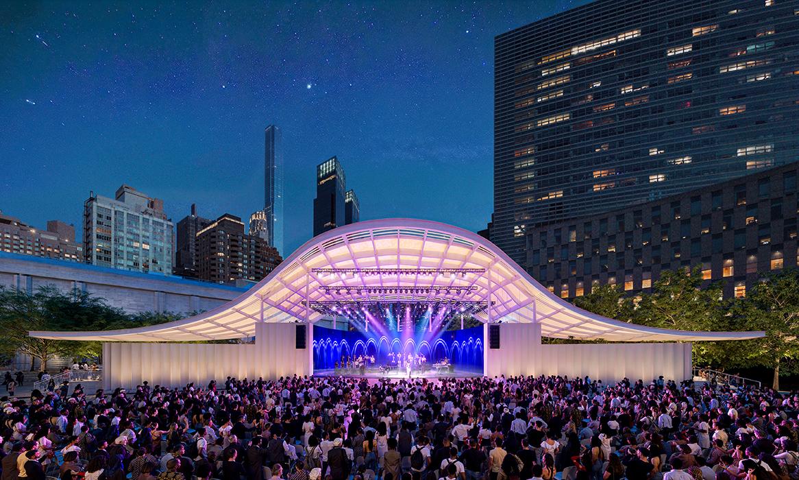 Stavros Niarchos Foundation (SNF) Lincoln Center West Initiative in New York. View of amphitheater and audience area during performance looking southeast towards 62nd Street.