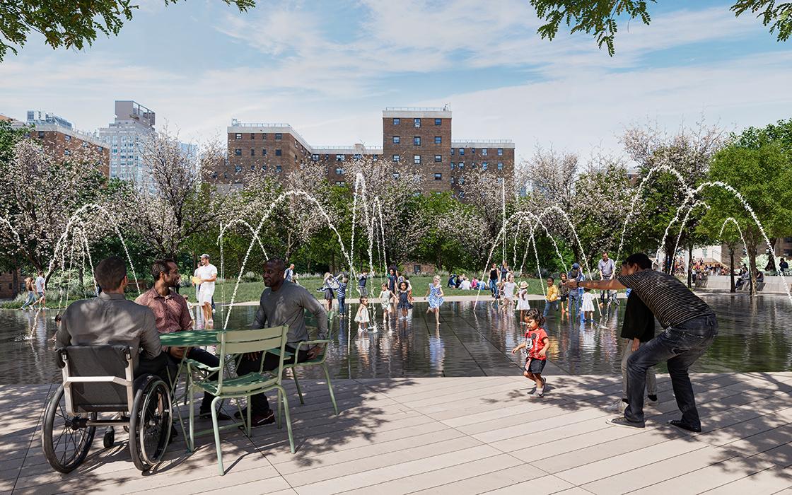 Stavros Niarchos Foundation (SNF) Lincoln Center West Initiative in New York. View from within Damrosch Park looking west; visible are new water feature, lawn, and trees.