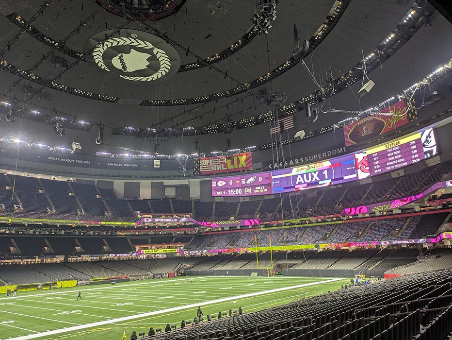 Super Bowl LIX halftime show rigging at Caesars Superdome in New Orleans, Louisiana.