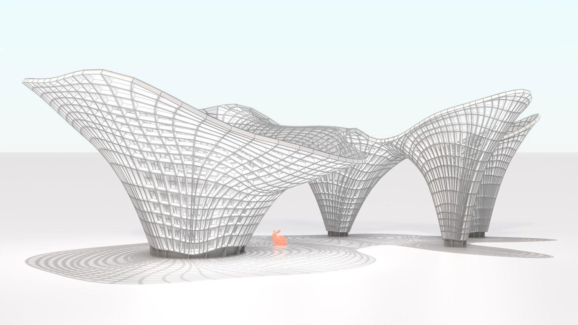 An example of a gridshell with a topologically irregular boundary shape computed with the proposed system. Photo: Masaaki Miki and Toby Mitchell CC-BY-ND (2025).