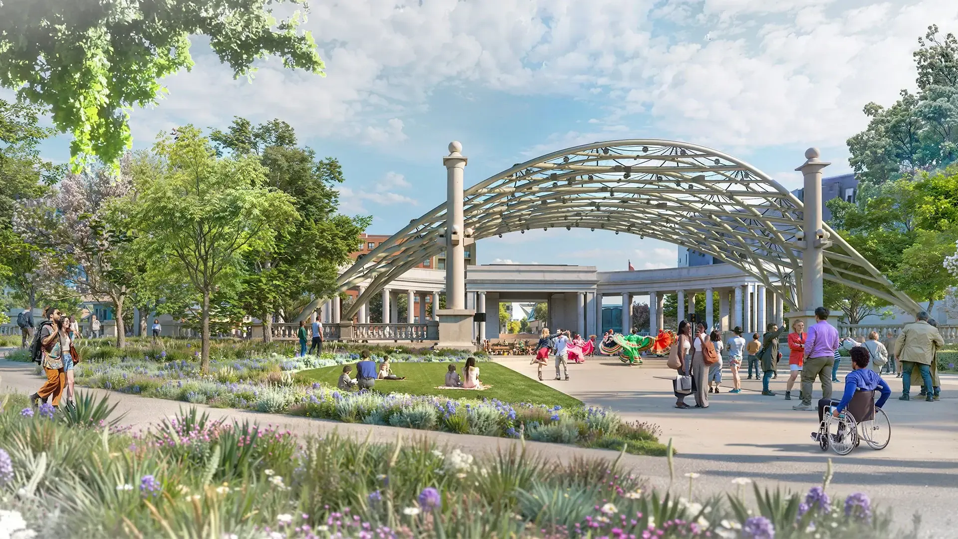 A central challenge was developing a canopy that could support modern theater equipment and improve sun and rain protection without visually competing with the Greek Theater’s historic stone architecture. 