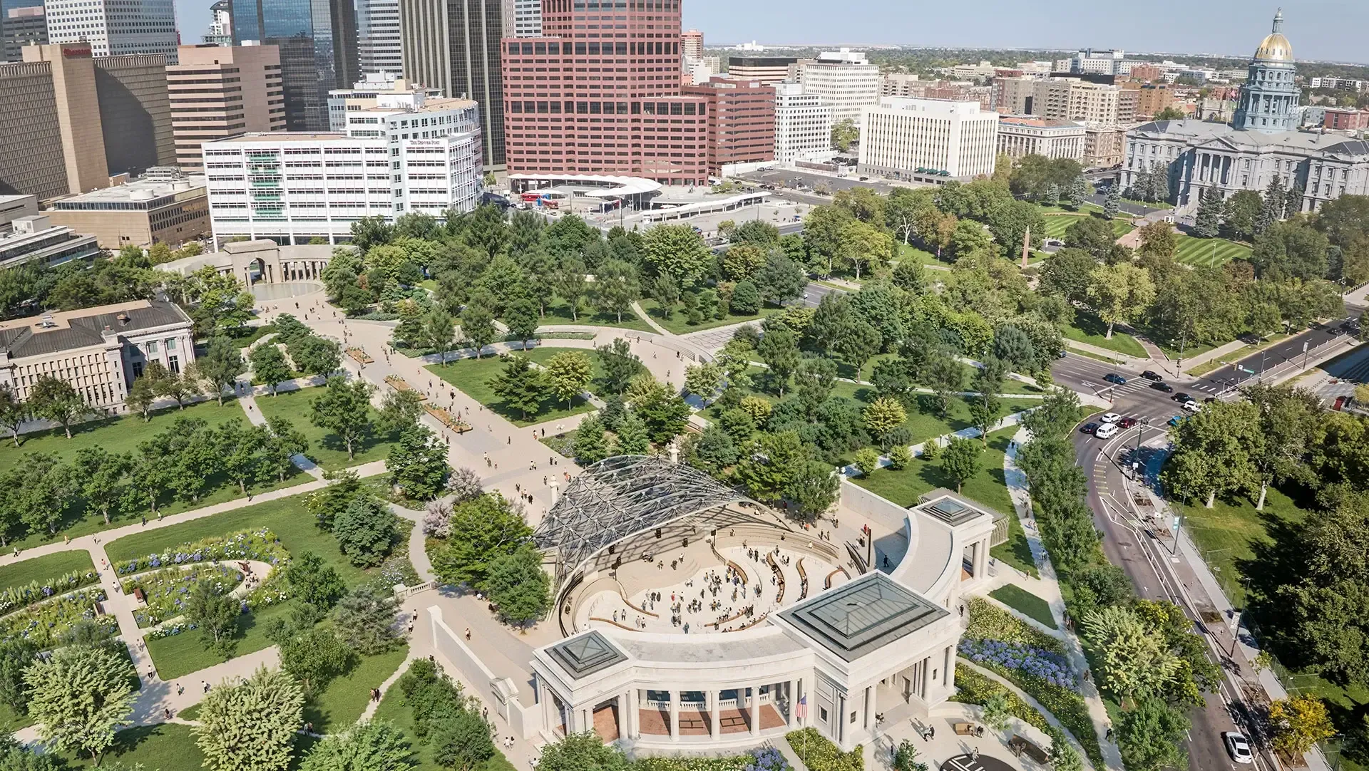 The redesign improves accessibility, circulation, sightlines, shade, and rain protection for visitors. 