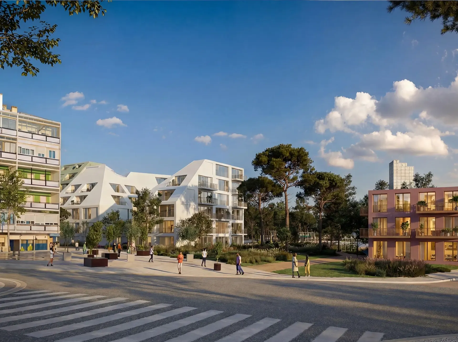 Organized into four connected districts, the plan replaces a long-divided industrial landscape with an integrated network of public space, mobility routes, and green infrastructure. 