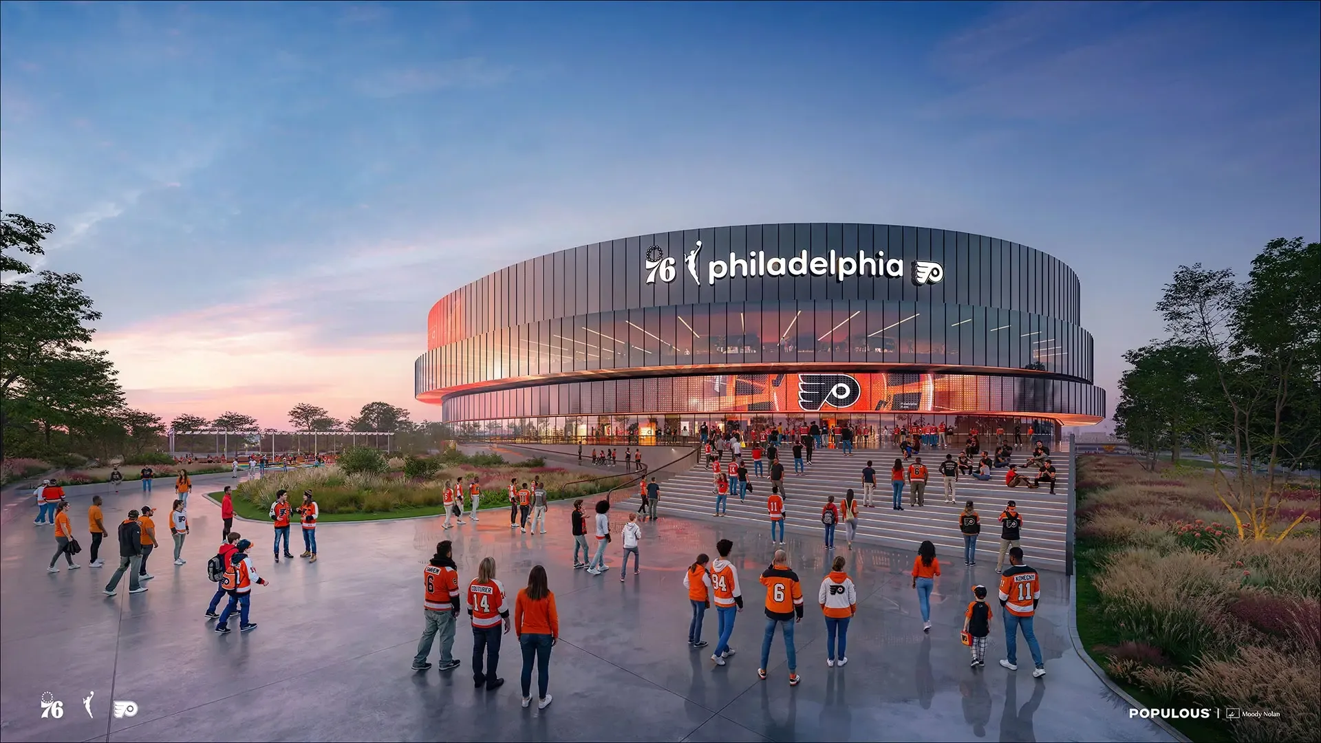 Targeted to open in 2030, the privately funded arena is being developed by Harris Blitzer Sports & Entertainment and Comcast Spectacor, with Populous and Moody Nolan leading the design. 