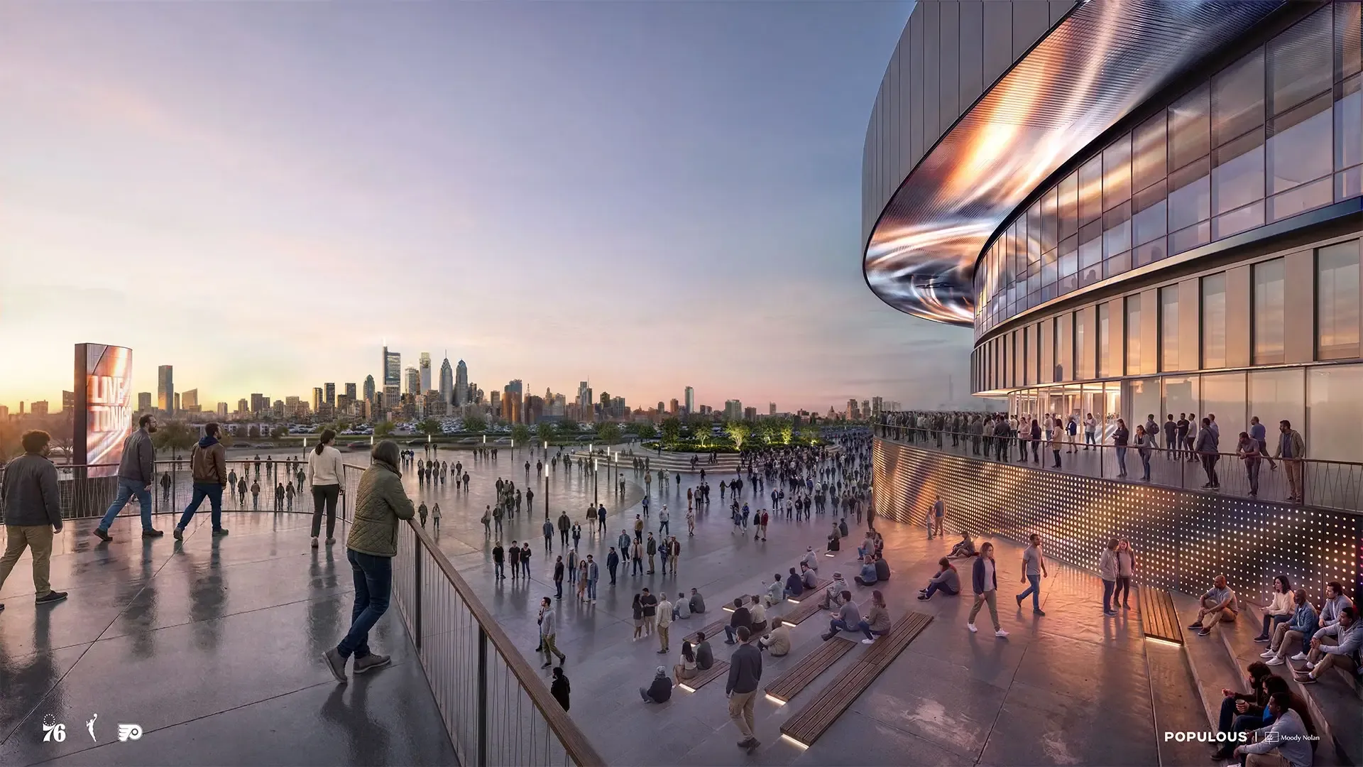Targeted to open in 2030, the new home of the NBA’s Philadelphia 76ers, the NHL’s Philadelphia Flyers, and the city’s future WNBA team is designed by Populous with Moody Nolan. 