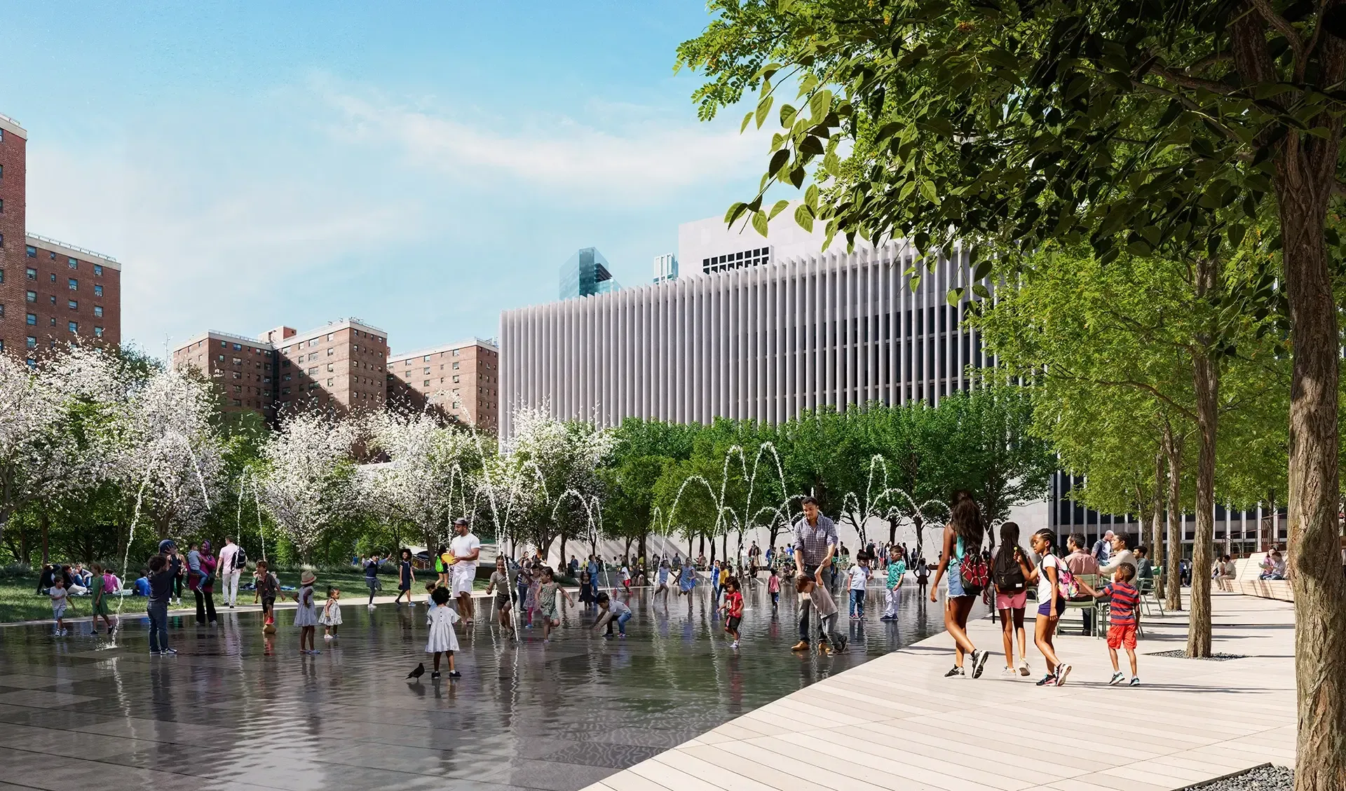 Stavros Niarchos Foundation (SNF) Lincoln Center West Initiative in New York. View from within Damrosch Park looking NW; visible are water feature and grove of trees.