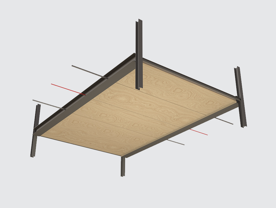 Shallow floor options: Bays up to 7.5 x 9 m (23 x 27 ft.) bay with 390 mm (15 ft.) deep floors and beams that extend 110 mm (4 in.) below the soffit, with steel tonnage of 46 kg/m2 (9.5 psf). Smaller services can run between the cassettes.