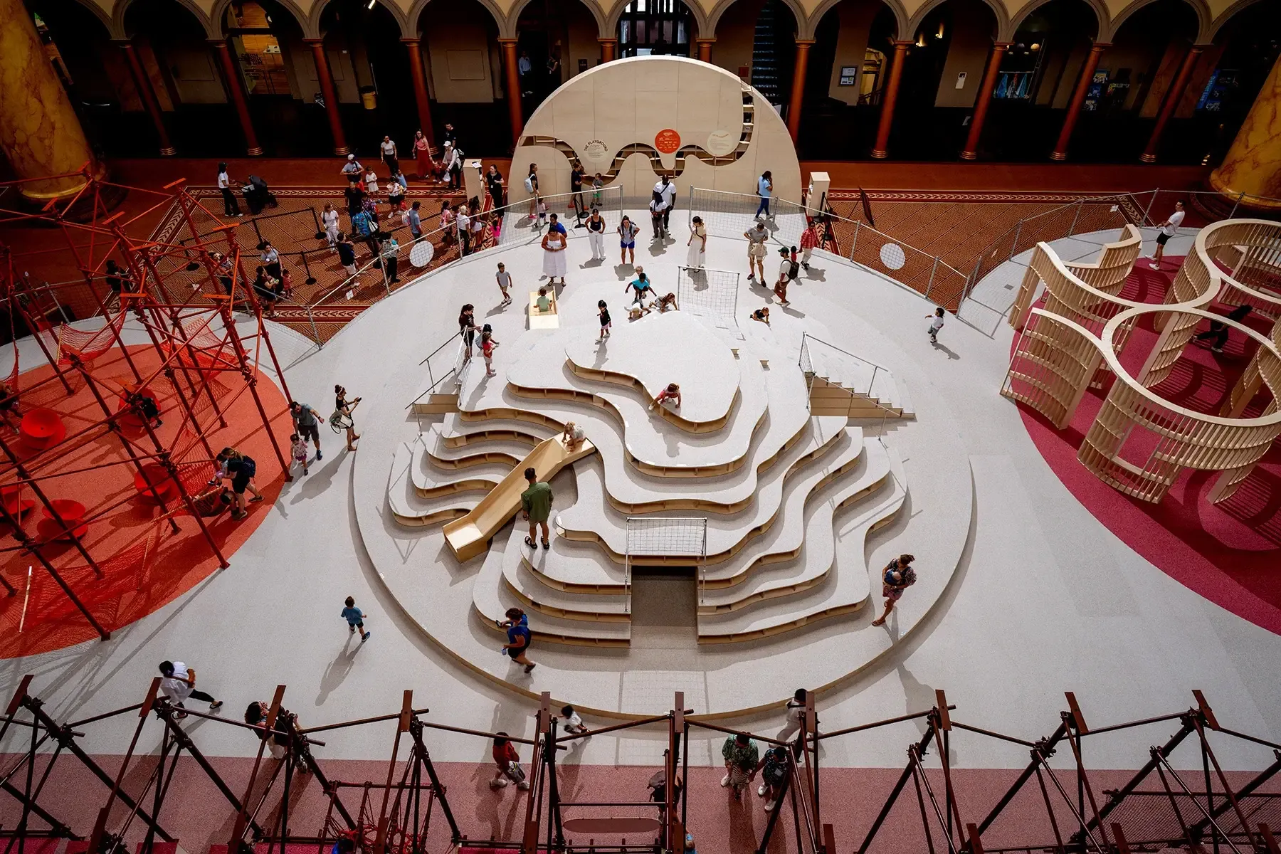 Using readily available wood members and lightweight components, the system was designed so museum staff could assemble it safely. 