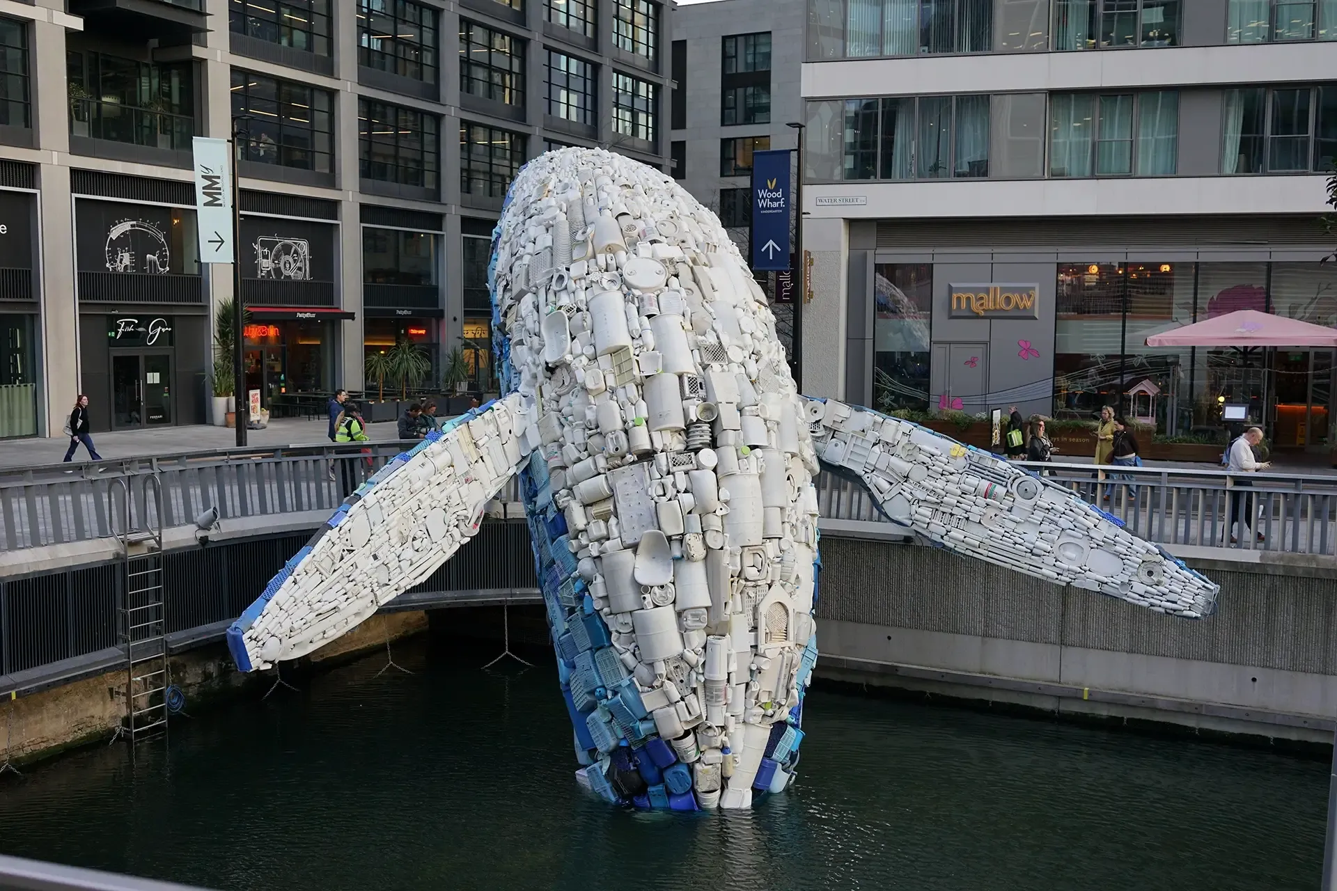 The 12-metre tall sculpture depicts a breaching whale made from five tonnes of plastic recovered from the Pacific and Atlantic Oceans. 